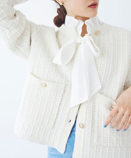 le.coeur blanc（ルクールブラン）の「格子柄ラメニットジャケット（ノーカラージャケット・レディース・ライトグレー/オフホワイト・38）」の15枚目の写真