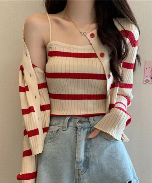 kirakiraShop(キラキラショップ)の「ボーダー ニット アンサンブル(ニット/セーター・レディース・オフホワイト/ブラック/レッド/ピンク/ベージュ・FREE)」の5枚目の写真