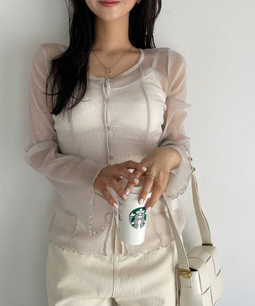Ada.(エイダ)の「Uネック ベルスリーブ フロントボタン シアー トップス(Tシャツ/カットソー・レディース・グレイッシュベージュ/ブラック/ピンク/ブルー系その他・FREE)」の17枚目の写真