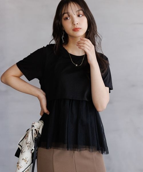 Andemiu(アンデミュウ)の「チュールカサネT111582(Tシャツ/カットソー・レディース・オフホワイト/ブラック/グリーン・FREE)」の3枚目の写真
