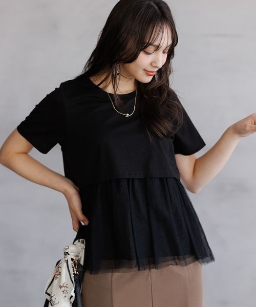 Andemiu(アンデミュウ)の「チュールカサネT111582(Tシャツ/カットソー・レディース・オフホワイト/ブラック/グリーン・FREE)」の11枚目の写真