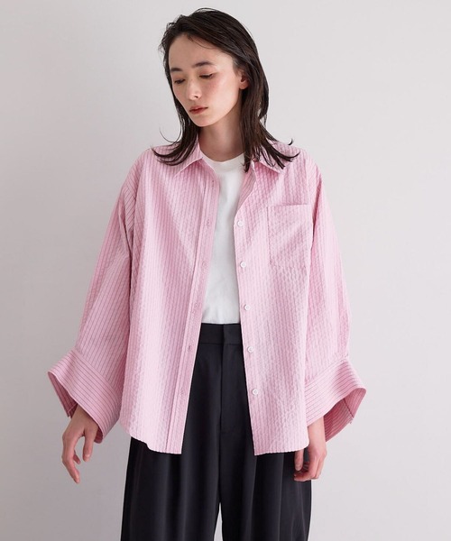 On ノースリーブシャツ XS 黒/ピンク forksy.】シャーリングビスチェ風デザイン長袖シャツ forksy.│MONO
