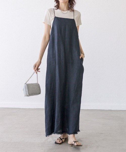 RIVE DROITE(リヴドロワ)の「リネンストライプホルターワンピース(ワンピース・レディース・ネイビー/ブラウン・FREE)」の2枚目の写真