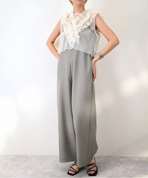 STYLEBLOCK（スタイルブロック）の「チュールフリルベスト×リネンタッチオールインワンセット（サロペット/オーバーオール・レディース・ブラック/グレー/アイボリー・M）」の3枚目の写真