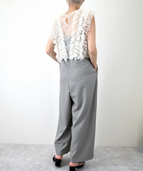 STYLEBLOCK（スタイルブロック）の「チュールフリルベスト×リネンタッチオールインワンセット（サロペット/オーバーオール・レディース・ブラック/グレー/アイボリー・M）」の8枚目の写真