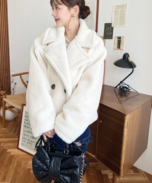 セール】きれい目テディベアボアショート丈Pコートジャケット（ボア