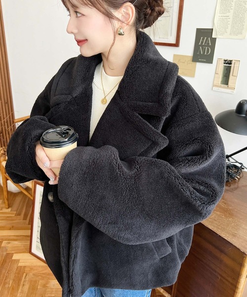 極美品✨️リミフゥ ピーコート S ブラック ポケット変形 ショート丈 ウール セール】きれい目テディベアボアショート丈Pコートジャケット（ボア