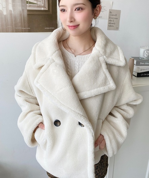 セール】きれい目テディベアボアショート丈Pコートジャケット（ボア