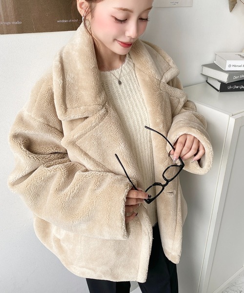 セール】きれい目テディベアボアショート丈Pコートジャケット（ボア