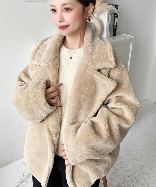 セール】ショート丈テディベアボアPコートジャケット（ピーコート