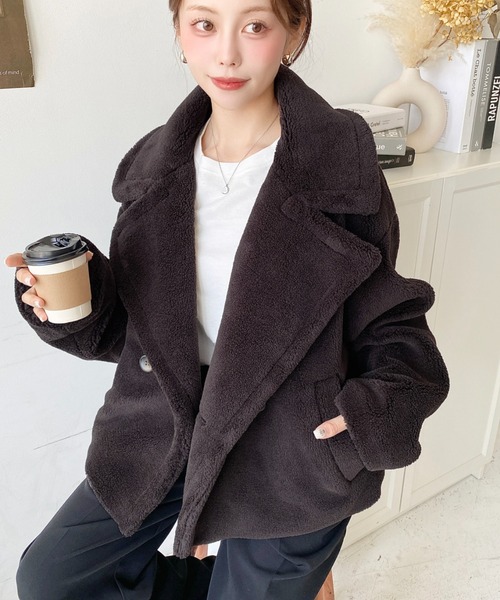 セール】きれい目テディベアボアショート丈Pコートジャケット（ボア