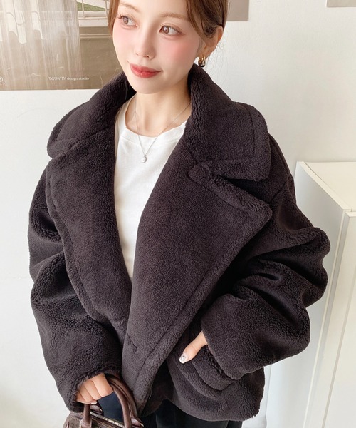 セール】きれい目テディベアボアショート丈Pコートジャケット（ボア