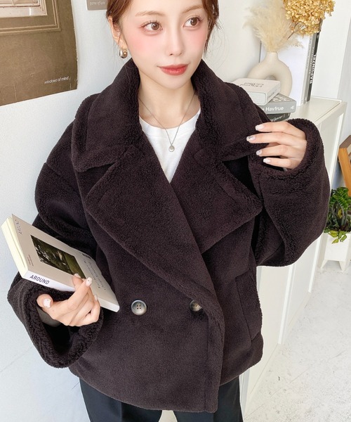 セール】きれい目テディベアボアショート丈Pコートジャケット(ボア セール】きれい目テディベアボアショート丈Pコートジャケット(ボア