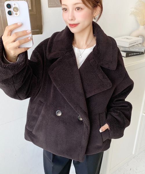 セール】きれい目テディベアボアショート丈Pコートジャケット（ボア