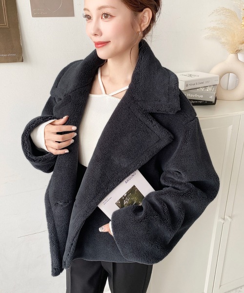 セール】きれい目テディベアボアショート丈Pコートジャケット（ボア