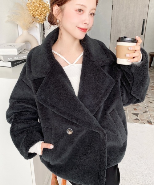 セール】きれい目テディベアボアショート丈Pコートジャケット（ボア