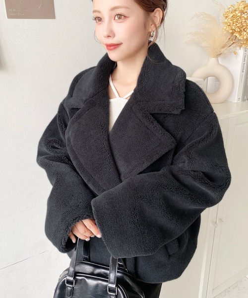 セール】きれい目テディベアボアショート丈Pコートジャケット（ボア