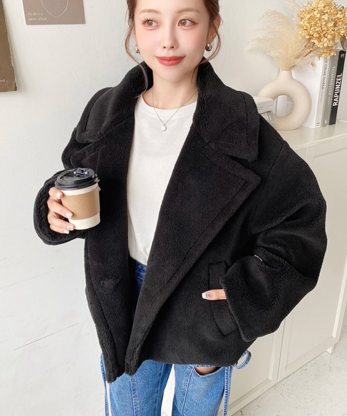 セール】きれい目テディベアボアショート丈Pコートジャケット（ボア