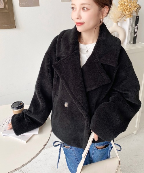 セール】きれい目テディベアボアショート丈Pコートジャケット（ボア