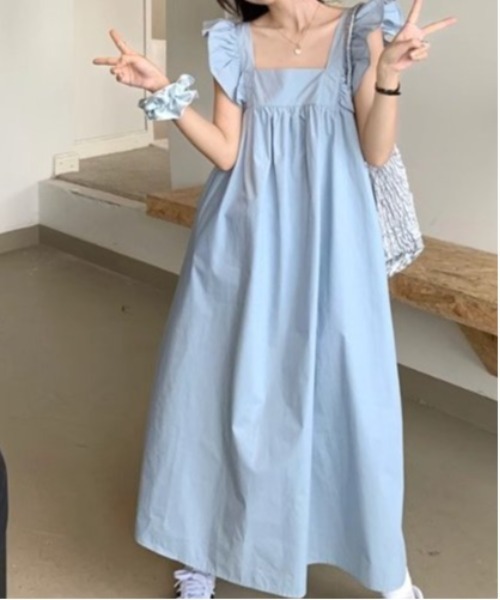 ゆったり着れるショルダーフリルノースリーブワンピース