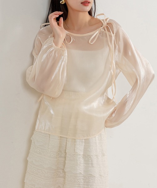 DAY CLOSET(デイ クローゼット)の「レディース 長袖バルーンスリーブシアーサテンブラウス(シャツ/ブラウス・レディース・グレイッシュベージュ/キナリ/ブラック・FREE)」の9枚目の写真