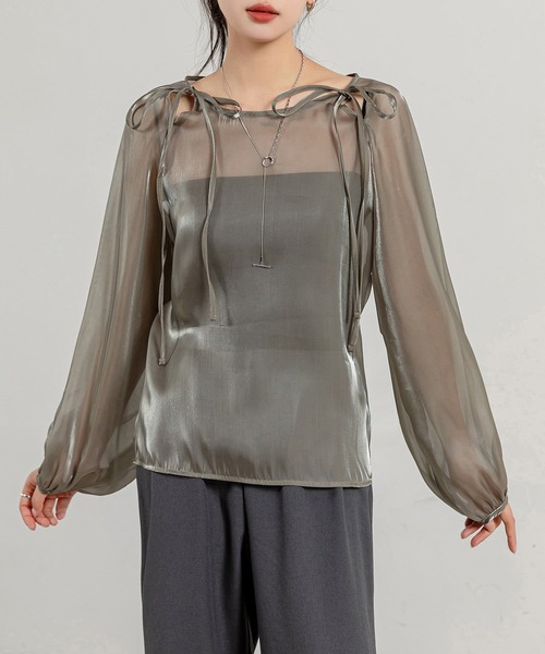 DAY CLOSET(デイ クローゼット)の「レディース 長袖バルーンスリーブシアーサテンブラウス(シャツ/ブラウス・レディース・グレイッシュベージュ/キナリ/ブラック・FREE)」の20枚目の写真
