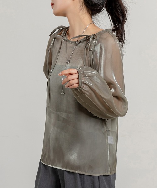 DAY CLOSET(デイ クローゼット)の「レディース 長袖バルーンスリーブシアーサテンブラウス(シャツ/ブラウス・レディース・グレイッシュベージュ/キナリ/ブラック・FREE)」の21枚目の写真