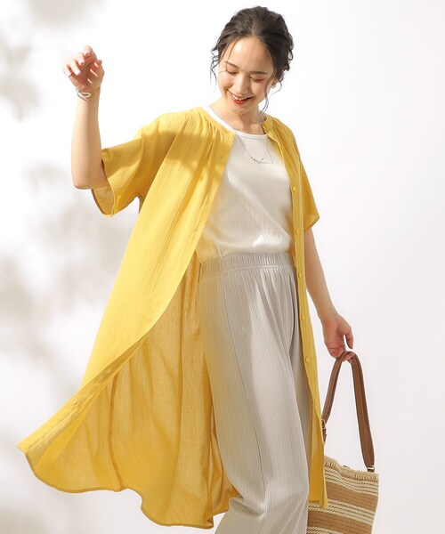 SHOO・LA・RUE（シューラルー）の「◆【洗える】ふんわり さらさら コットンシフォン シャツワンピース（ワンピース・レディース・イエロー/サンドベージュ/オレンジ/ブラック/ブルーグリーン・02/03/04）」の4枚目の写真