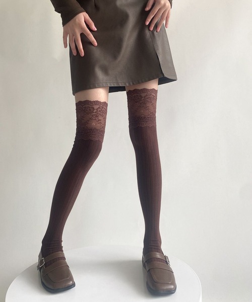 Nia（ニア）の「Nia(ニア)/レースドッキング　ニーハイソックス（ソックス/靴下・レディース・ブラック/グレー/ブラウン/ホワイト/ダークグレー・FREE）」の15枚目の写真