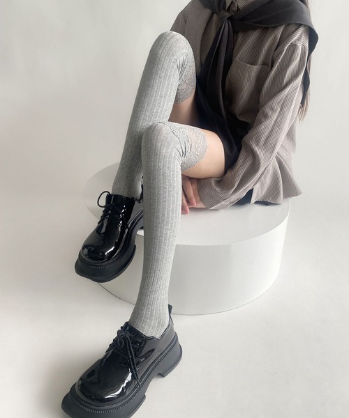 Nia（ニア）の「Nia(ニア)/レースドッキング　ニーハイソックス（ソックス/靴下・レディース・ブラック/グレー/ブラウン/ホワイト/ダークグレー・FREE）」の19枚目の写真