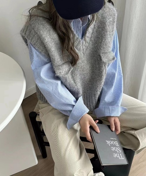 BANNER SELECT(バナーセレクト)の「Vネックニットベスト(ベスト・レディース・モカ/ピンク/グレー/ブルー/杢グレー・FREE)」の1枚目の写真