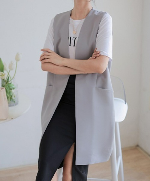 大人のテーラードベスト/ジレ レディース ポケット付き ロング丈