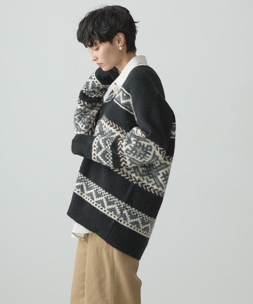 セール】ノルディック柄Vネックニットカーディガン（カーディガン