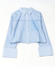 ブロード&ストライプチュールかぶせショート丈シャツ