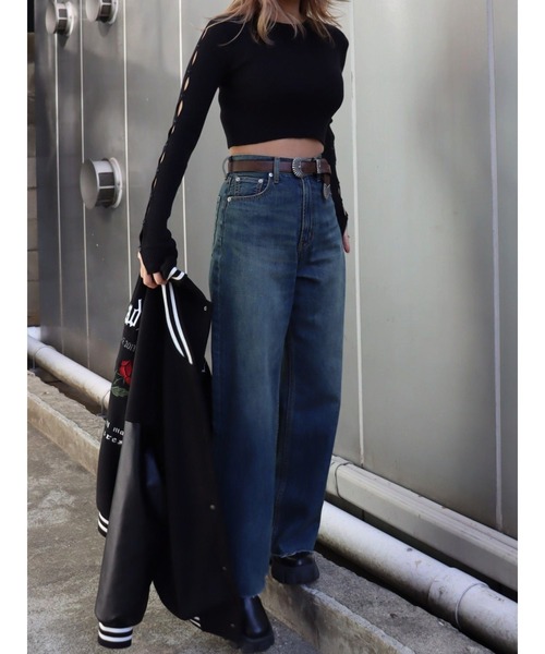 EVRIS（エヴリス）の「【ハイウエスト/セルフカット】シンプルワイドデニムパンツ（デニムパンツ・レディース・インディゴブルー/ブラック/ライトブルー・SMALL/MEDIUM）」の13枚目の写真