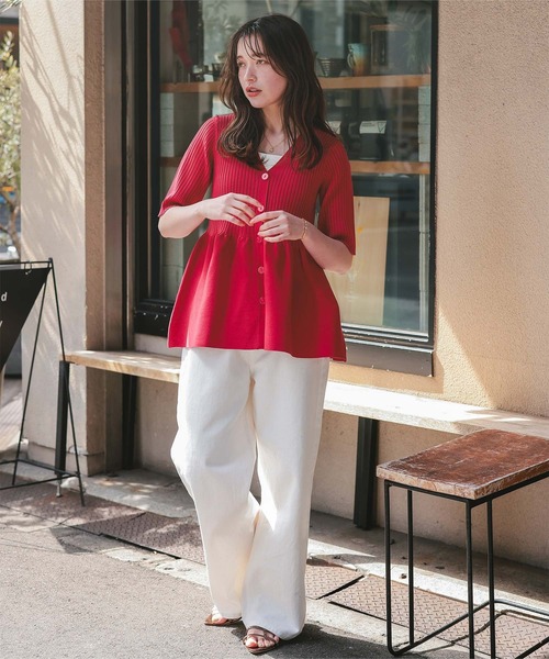 titivate（ティティベイト）の「前後2wayハーフスリーブペプラムニットトップス（ニット/セーター・レディース・レッド/ネイビー/アイボリー/グレイッシュベージュ/ブラック/ダークブラウン/ライトブルー/ライトグリーン/ライトピンク・L/M/S）」の14枚目の写真