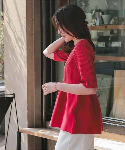 titivate（ティティベイト）の「前後2wayハーフスリーブペプラムニットトップス（ニット/セーター・レディース・レッド/ネイビー/アイボリー/グレイッシュベージュ/ブラック/ダークブラウン/ライトブルー/ライトグリーン/ライトピンク・L/M/S）」の15枚目の写真