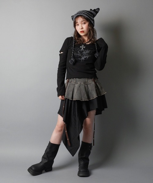 セール】レイヤードデザイン デニムミドルスカート/インナーパンツ付き