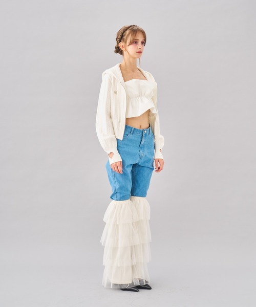 最終価格フレリール　flelile フリルストレッチパンツ　デニム lilful ジーンズ デニム デニムパンツ フレアデニム 裾フリンジ
