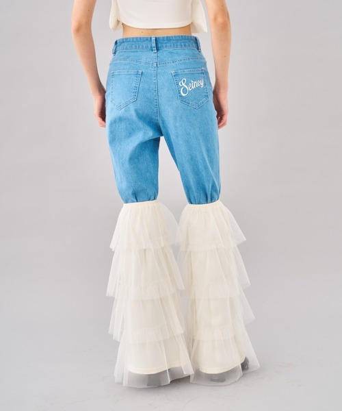 フリル付きトップスとデニムパンツセット N.s セットアップ フリルキャミ＋ハイウエストデニムパンツ