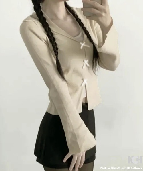 WESTSEA(ウエストシー)の「セーラーカラー × リボンカーディガン ショート丈(カーディガン/ボレロ・レディース・アイボリー/グレー・FREE)」の2枚目の写真