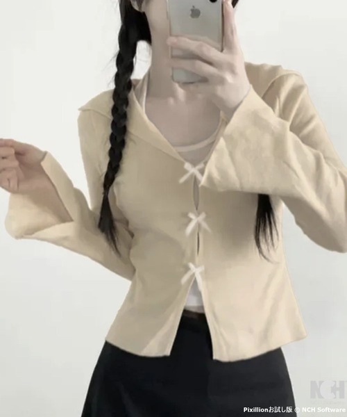 WESTSEA(ウエストシー)の「セーラーカラー × リボンカーディガン ショート丈(カーディガン/ボレロ・レディース・アイボリー/グレー・FREE)」の3枚目の写真