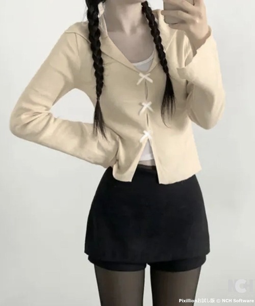 WESTSEA(ウエストシー)の「セーラーカラー × リボンカーディガン ショート丈(カーディガン/ボレロ・レディース・アイボリー/グレー・FREE)」の4枚目の写真
