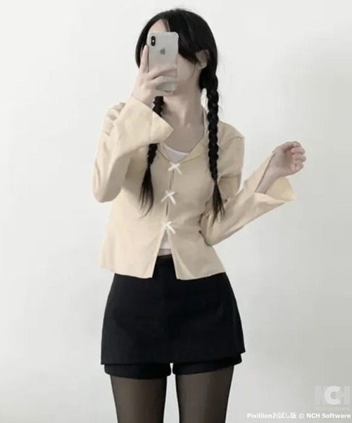 WESTSEA(ウエストシー)の「セーラーカラー × リボンカーディガン ショート丈(カーディガン/ボレロ・レディース・アイボリー/グレー・FREE)」の6枚目の写真