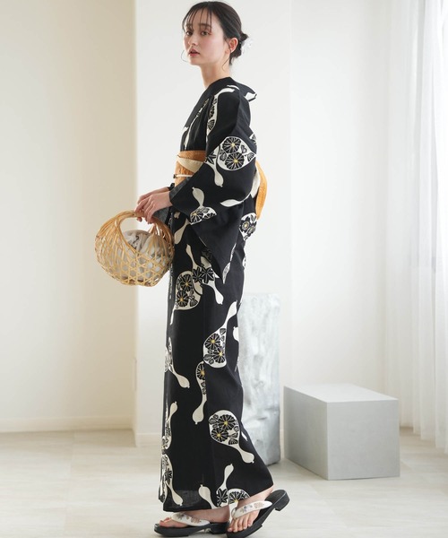 手染め注染浴衣3点セット utatane×注染工房 黒地に小菊瓢箪