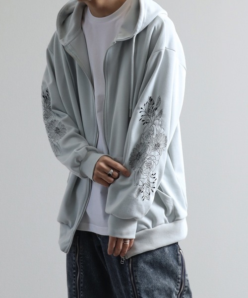 フラワースリーブ刺繍 エアリーポンチ ジップアップパーカー（パーカー
