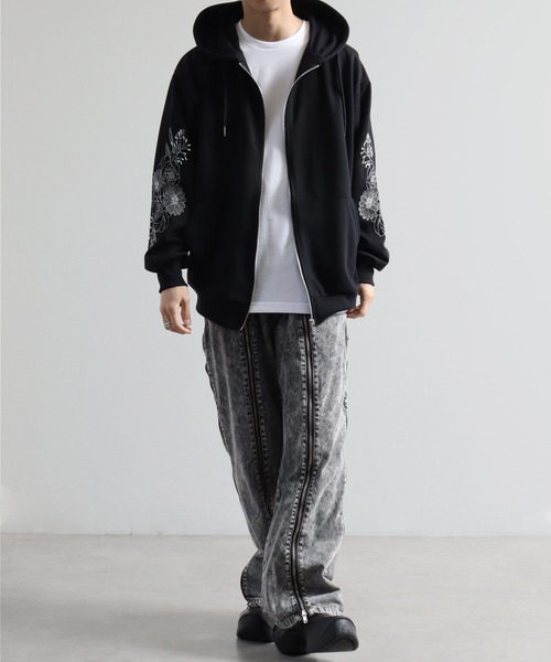 フラワースリーブ刺繍 エアリーポンチ ジップアップパーカー（パーカー