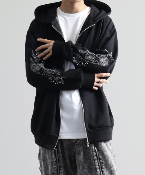 Art re A select（アトリエセレクト）の「フラワースリーブ刺繍 エアリーポンチ ジップアップパーカー（パーカー・メンズ・ブラック/グレー・M/L）」の8枚目の写真