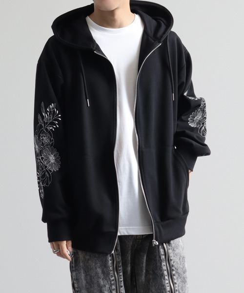 フラワースリーブ刺繍 エアリーポンチ ジップアップパーカー（パーカー