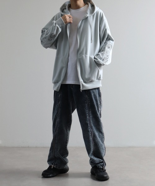 Art re A select（アトリエセレクト）の「フラワースリーブ刺繍 エアリーポンチ ジップアップパーカー（パーカー・メンズ・ブラック/グレー・M/L）」の19枚目の写真